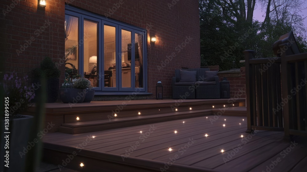 A wooden deck with built-in LED floor lights for a stylish nighttime atmosphere.