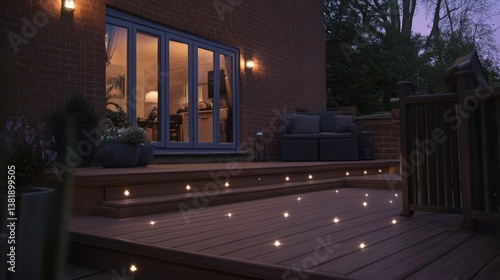Obraz na płótnie A wooden deck with built-in LED floor lights for a stylish nighttime atmosphere. w salonie