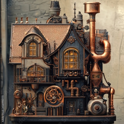 Detailed steampunk miniature house with intricate clockwork mechanisms and copper pipes.