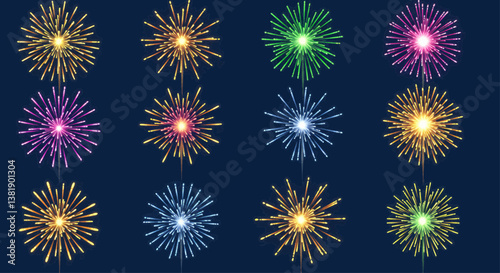 A digital illustration of twelve stylized fireworks, drawn in a realistic style with bright, saturated colors and an emphasis on light and movement. The background is dark blue. Vector Illustration