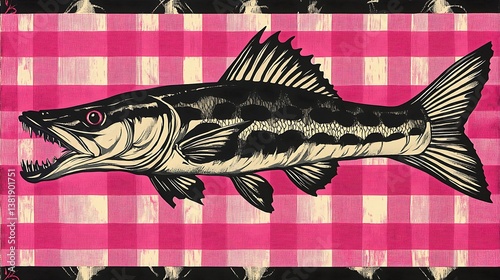 A detailed black and white illustration of a fish on checkered pattern