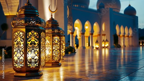 Illuminated Lanterns at Grand Mosque: Ramadan's Golden Glow