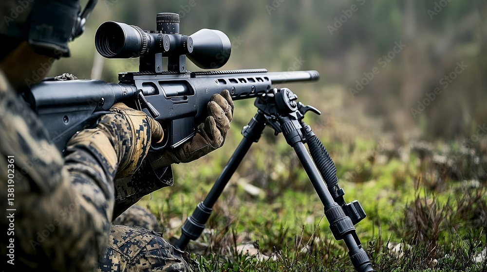 Fototapeta premium Precision shooting training forest terrain photography tactical environment close-up view military concept