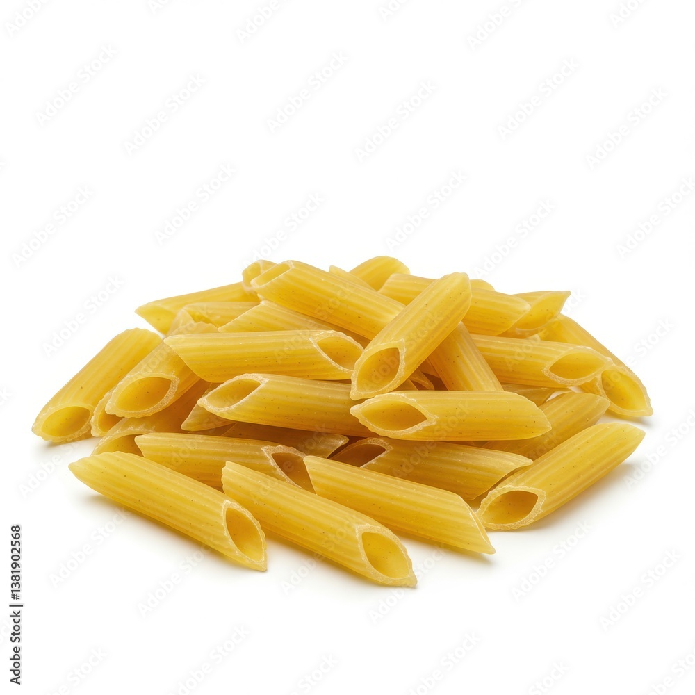 A pile of uncooked penne pasta with a white background ready to be cooked for a delicious meal A pile of uncooked penne pasta with a white background ready to be cooked for a delicious meal