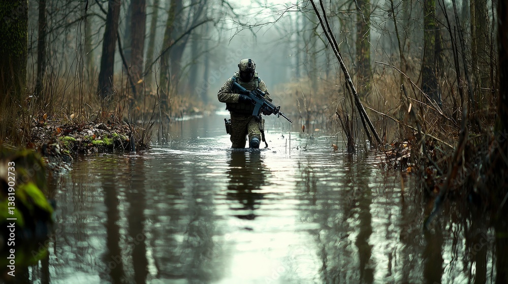 Military soldier wading through waterlogged forest action scene nature close-up view tactical operations Military soldier wading through waterlogged forest action scene nature close-up view tactical operations