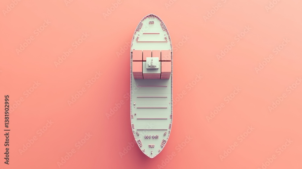 Top view cargo ship navigation in pastel 3D render, Import-export logistics, flat design for modern shipping concepts Top view cargo ship navigation in pastel 3D render, Import-export logistics, flat design for modern shipping concepts