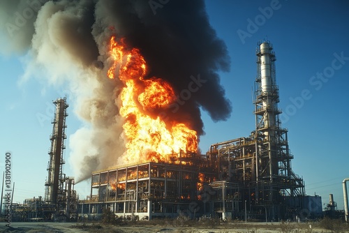Massive fire engulfs industrial oil refinery with towering smoke plumes photo