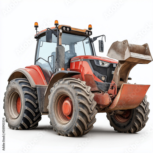 Another view of a front-loading tractor with a raised bucket, demonstrating its functionality in agriculture photo