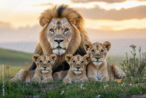 Majestic male lion with three cubs resting on grassy plain at sunset