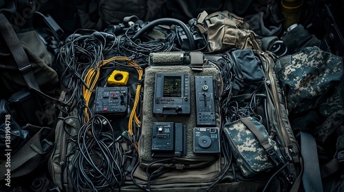 Military communication equipment field setup digital devices tactical environment overhead view connectivity strategy