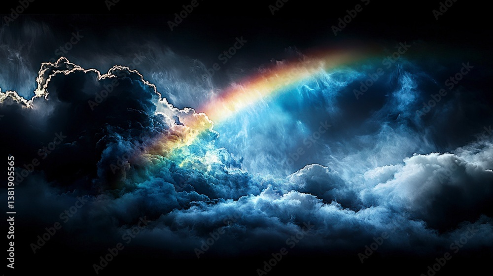 Fototapeta premium Mysterious rainbow emerges after storm nature's canvas cloudy skies dramatic landscape serene viewpoint