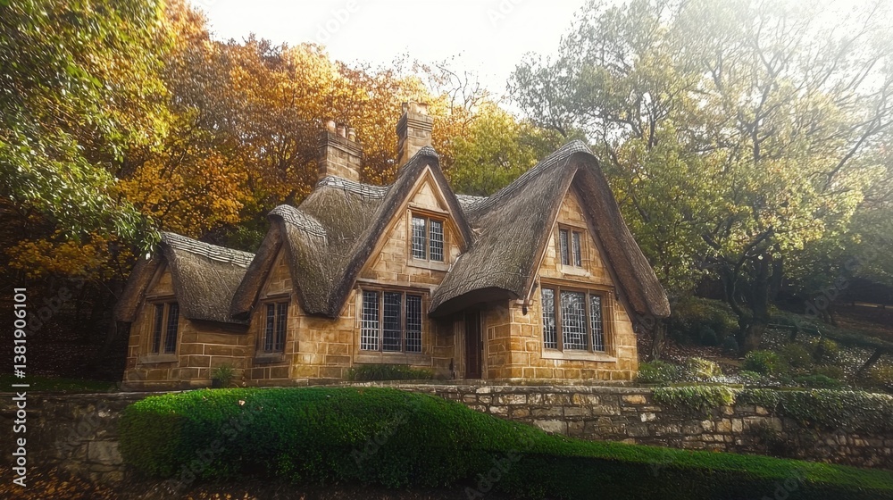 Fototapeta premium Quaint, thatched-roof cottage nestled amidst autumn foliage.