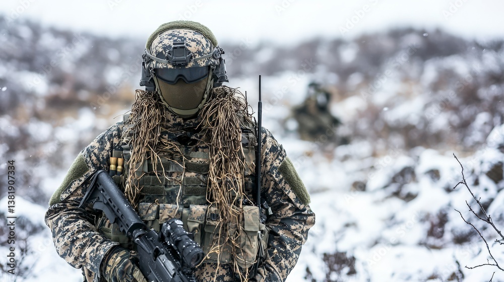 Fototapeta premium Military soldier engaged in tactical operations snowy terrain action shot cold environment close-up combat readiness