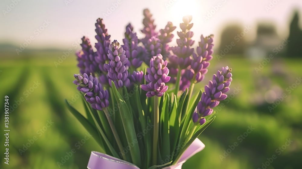 Fototapeta premium A beautiful bouquet of purple flowers in a bright field