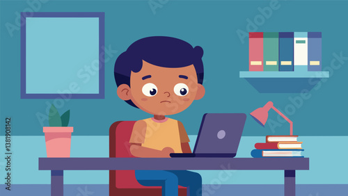 A child sitting alone at their desk feeling a mix of emotions as they take in their surroundings and prepare for the day ahead.. Vector illustration