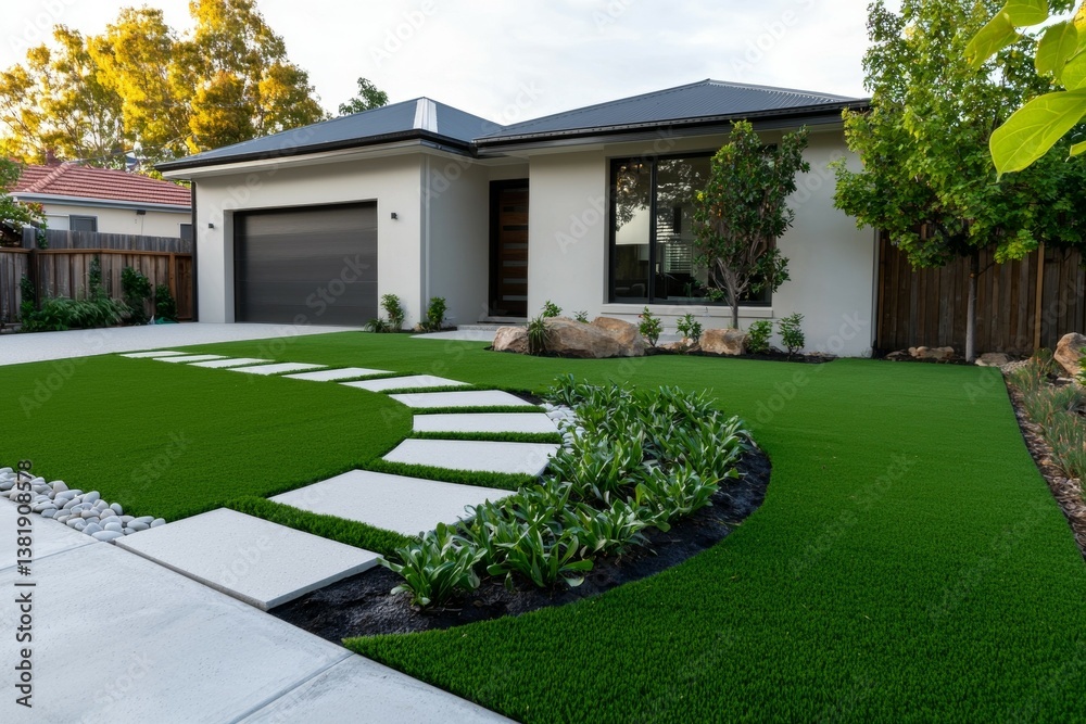 A house with a large lawn and a path leading to it A house with a large lawn and a path leading to it