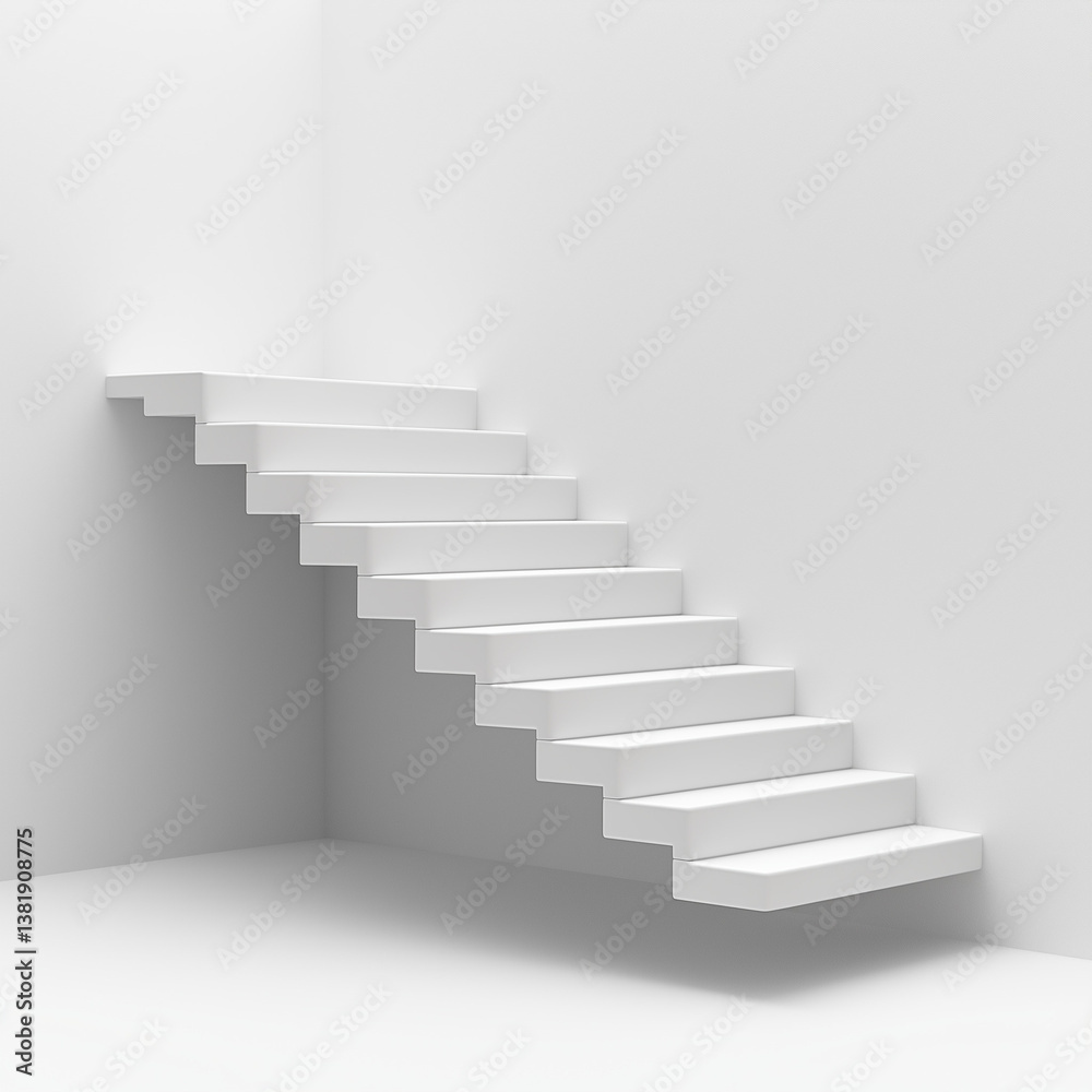 A floating staircase with white steps and no railing, offering a sleek and modern architectural feature A floating staircase with white steps and no railing, offering a sleek and modern architectural feature