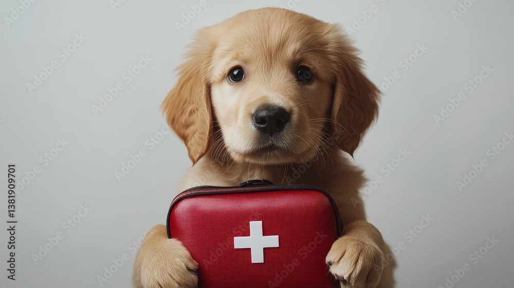 Golden retriever puppy holding first aid kit