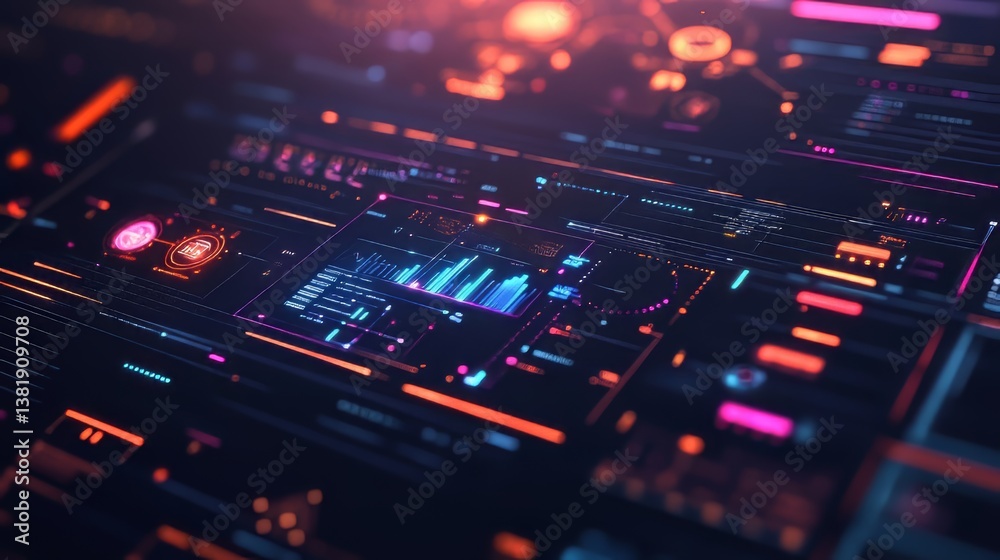 Abstract digital interface with glowing lines, graphs, and symbols on a dark background represents data. Abstract digital interface with glowing lines, graphs, and symbols on a dark background represents data.