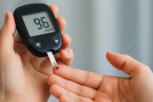 Doctor measuring blood glucose using glucose meter showing normal sugar level