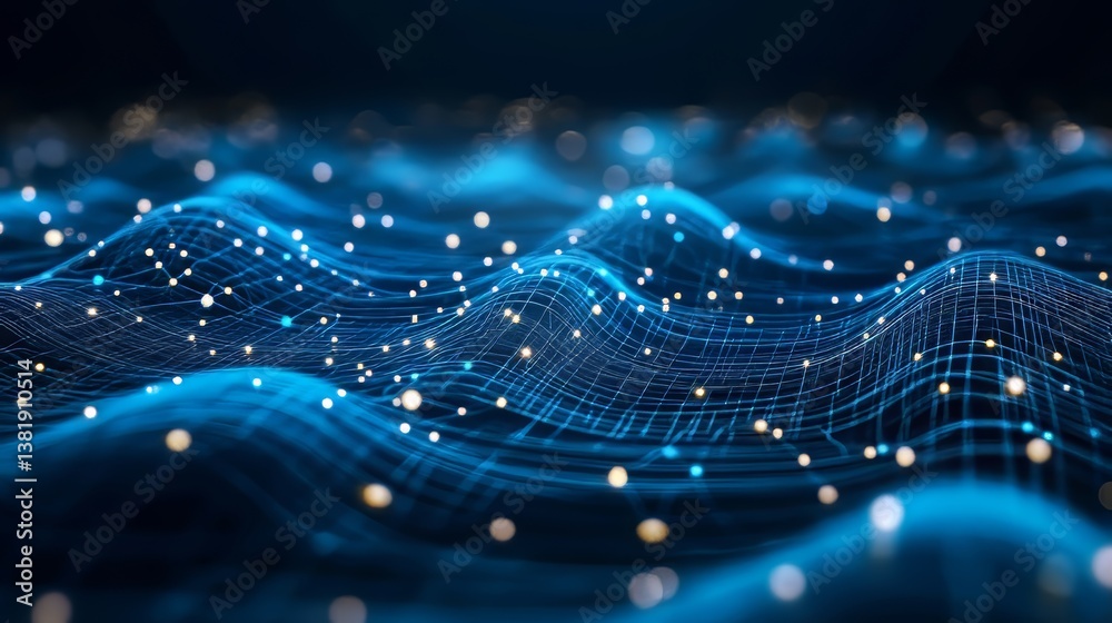 Abstract network landscape: Flowing blue grid with luminous nodes, symbolizing connectivity and innovation. Abstract network landscape: Flowing blue grid with luminous nodes, symbolizing connectivity and innovation.