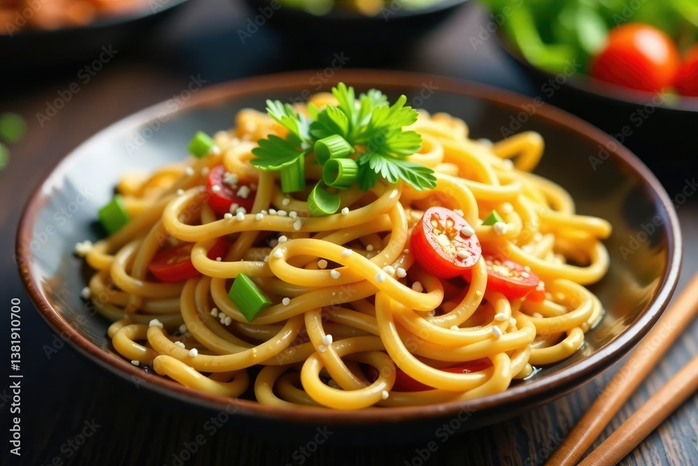Stir-fried noodles with vegetables, sesame seeds, spring onions, background, chinese food Stir-fried noodles with vegetables, sesame seeds, spring onions, background, chinese food