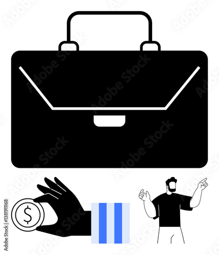 Black briefcase as central figure, hand holding a coin on one side, man gesturing on the other. Ideal for finance, business, investment, savings, strategy teamwork career themes. Flat simple