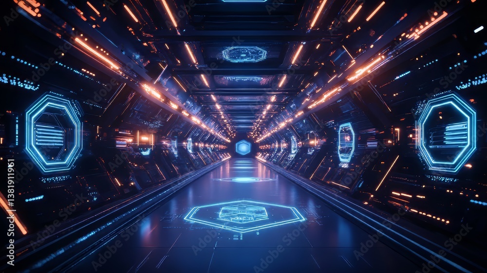 Obraz premium Futuristic corridor with glowing blue and orange accents, creating a sense of depth and modern technology.
