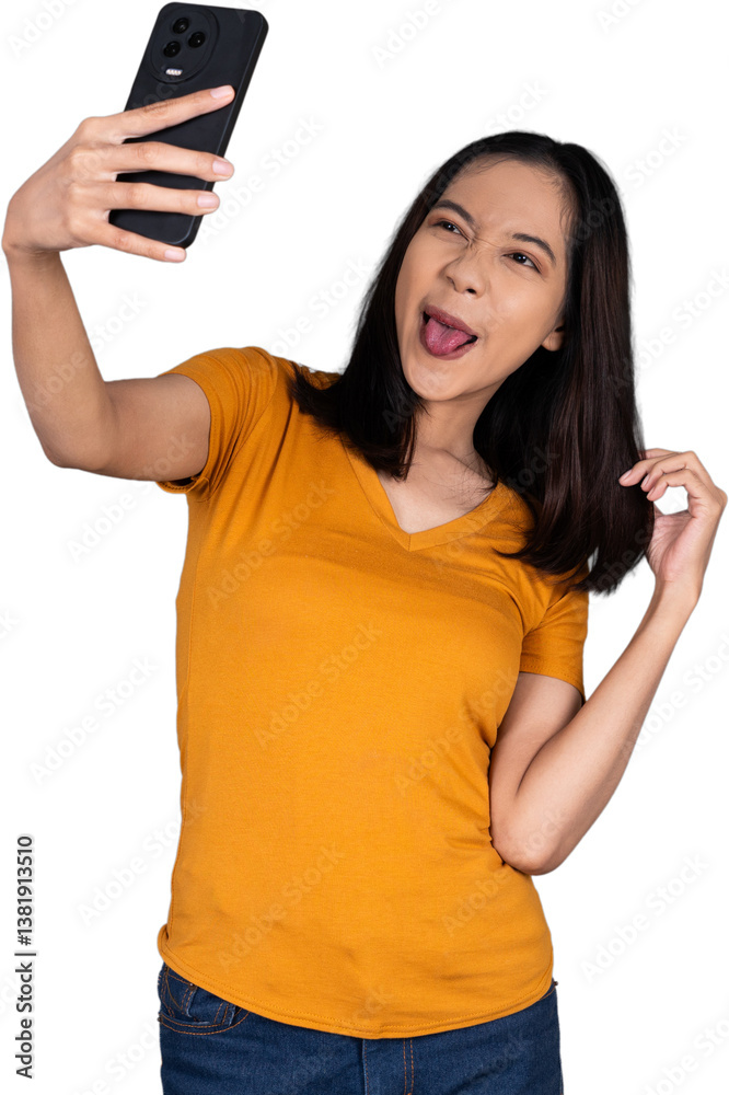 Close-Up of a Woman Smiling Happily While Taking a Selfie Isolated Transparent Close-Up of a Woman Smiling Happily While Taking a Selfie Isolated Transparent