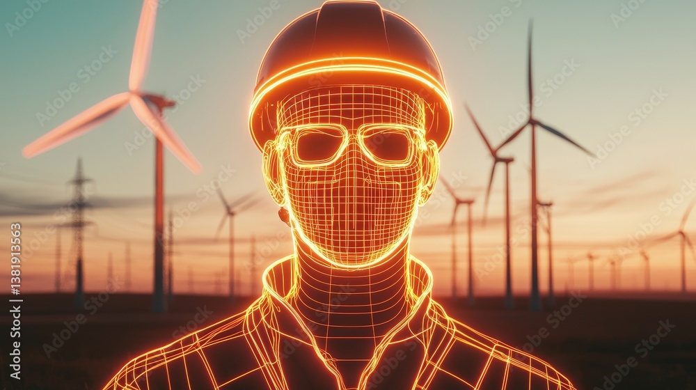 A man in a hard hat stands in front of a wind farm A man in a hard hat stands in front of a wind farm