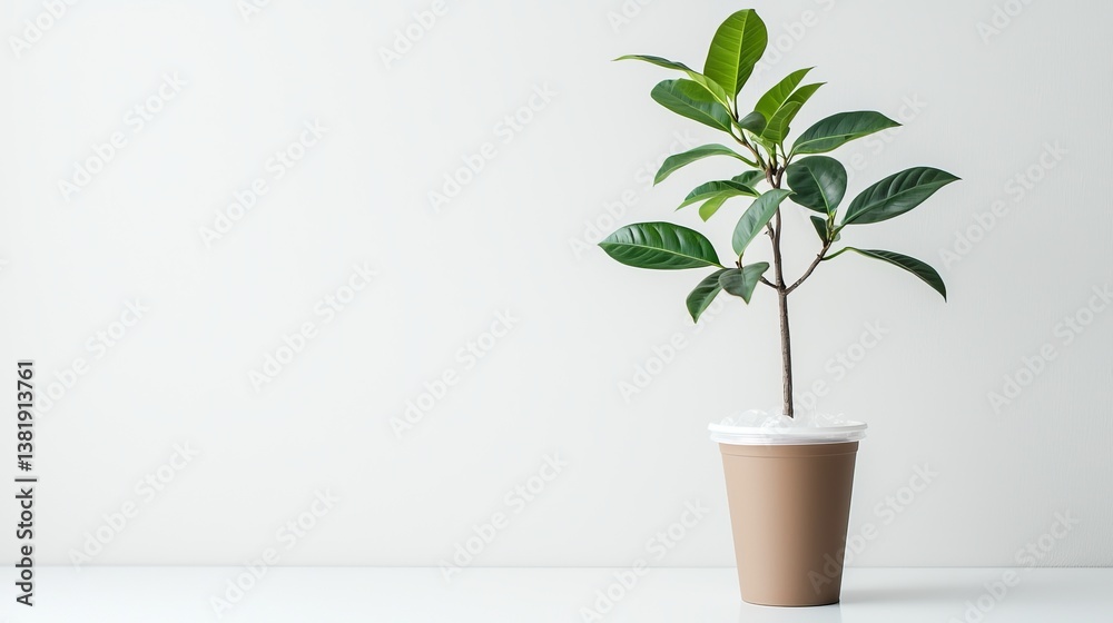 Minimalist design showing only a single rubber tree trunk and a plastic cup filled with latex, clean white background Minimalist design showing only a single rubber tree trunk and a plastic cup filled with latex, clean white background
