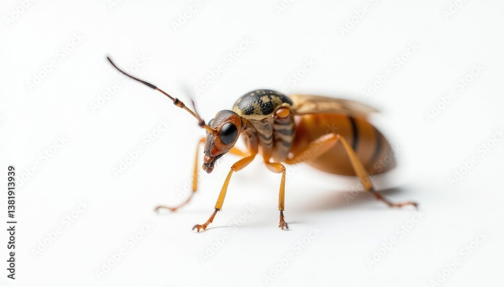 Close-up of single insect on pure white background, background, color, design Close-up of single insect on pure white background, background, color, design