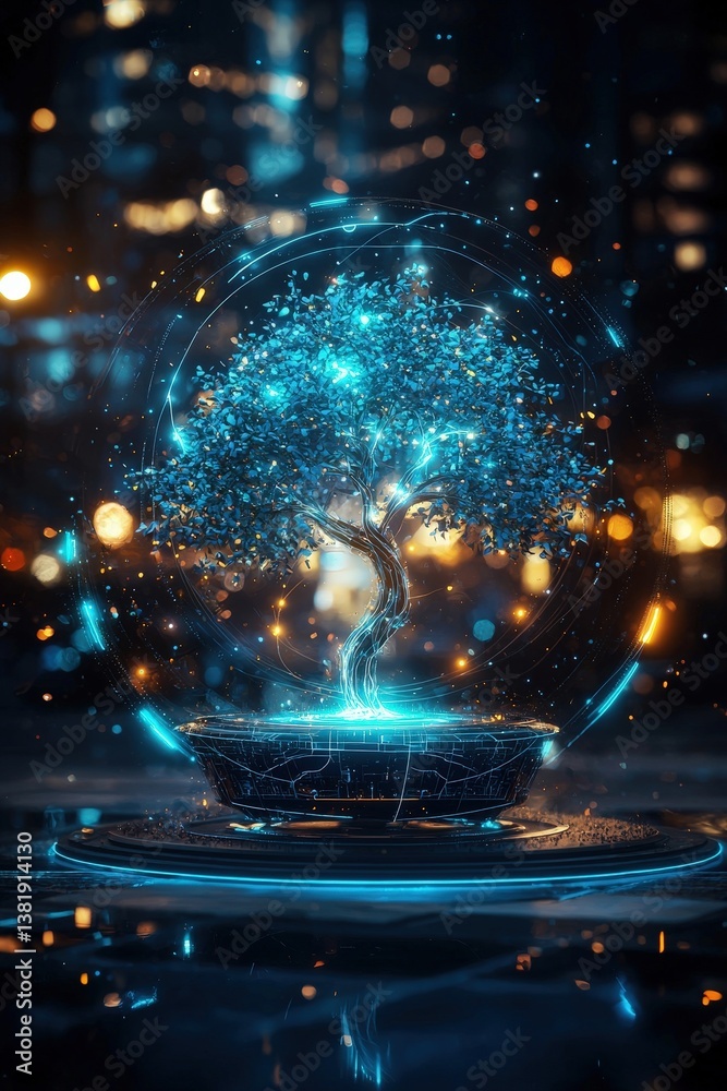 Fototapeta premium A tree is floating in a blue sphere with a glowing light around it