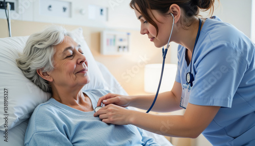 Nurse caring for elderly patient in hospital room  