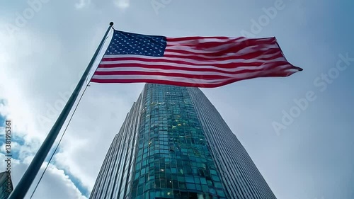 Wallpaper Mural Waving American Flag Against Modern City Building on Cloudy Day Torontodigital.ca
