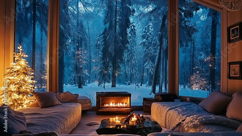 Festive Christmas Living Room Interior with Snowy Forest View Decorated Tree Fireplace and Cozy Furniture with Candles and Pillows in Warm Lighting