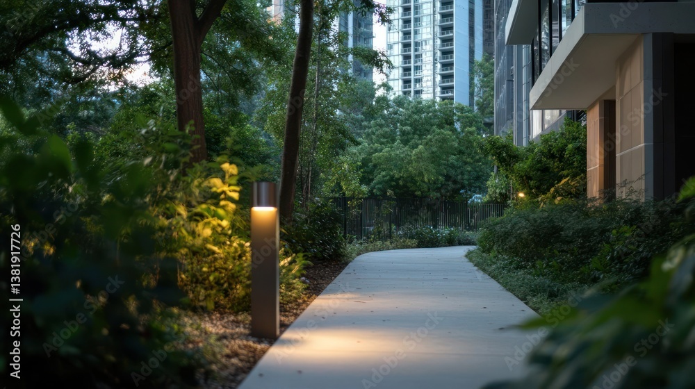 Pathway through lush greenery with illuminated pathway markers leading to a residential building on a bright evening Pathway through lush greenery with illuminated pathway markers leading to a residential building on a bright evening