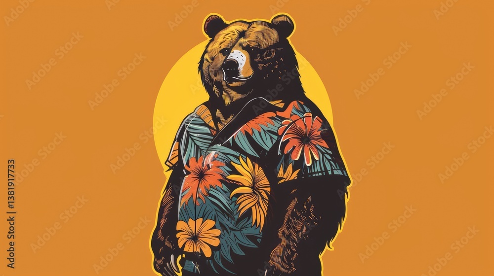 Fototapeta premium a bear wearing a cool shirt, logo style, fat bear, funny pose