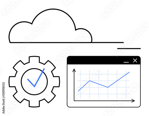 Cloud, gear with checkmark, and chart indicate data analysis, cloud computing, and process optimization. Ideal for technology, analytics, performance, automation cloud storage workflow flat simple
