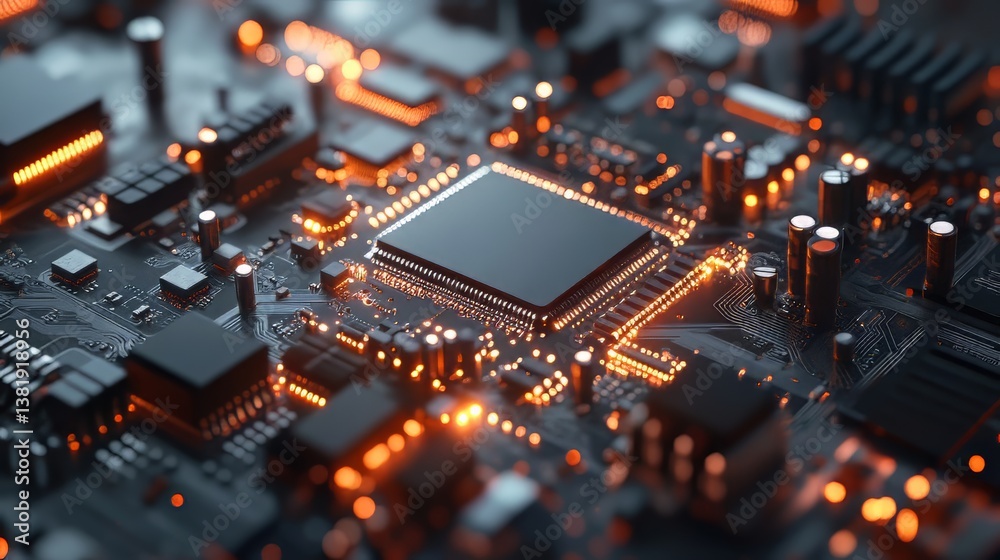 Illuminated circuitry: Detailed view of a modern computer motherboard with glowing components and complex traces. Illuminated circuitry: Detailed view of a modern computer motherboard with glowing components and complex traces.