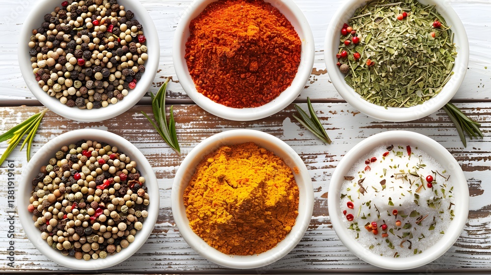 Overhead view of various spices in white bowls on a white wooden table, showcasing colorful culinary ingredients and seasonings. Overhead view of various spices in white bowls on a white wooden table, showcasing colorful culinary ingredients and seasonings.