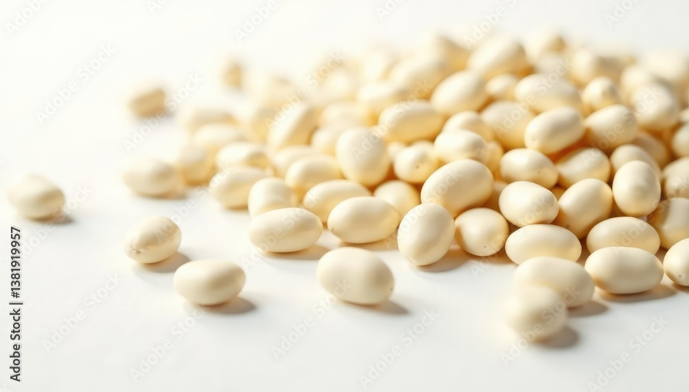 Scattered white beans against pure white backdrop High-key lighting , vegan, vegetarian, spill Scattered white beans against pure white backdrop High-key lighting , vegan, vegetarian, spill
