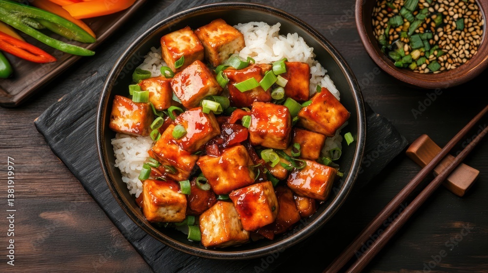 Overhead shot of a bowl filled with rice topped with crispy tofu and scallions. The dish sits on a dark wooden surface with chopsticks and other ingredients. The lighting highlights the textures and