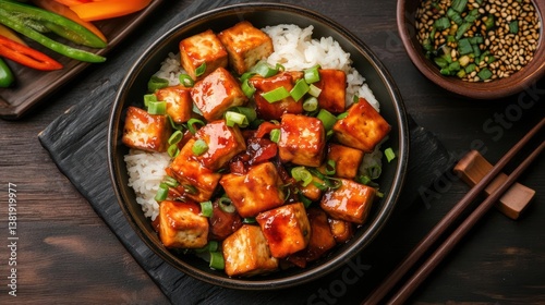 Obraz na płótnie Overhead shot of a bowl filled with rice topped with crispy tofu and scallions. The dish sits on a dark wooden surface with chopsticks and other ingredients. The lighting highlights the textures and w salonie