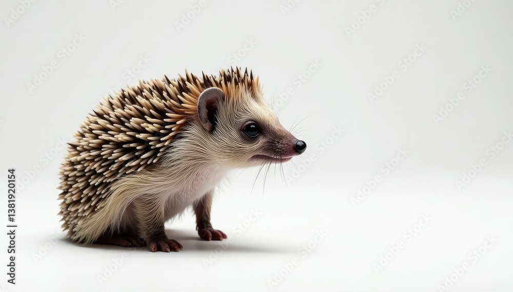 Obraz premium Single hedgehog, facing right, on pristine white backdrop, fauna, element