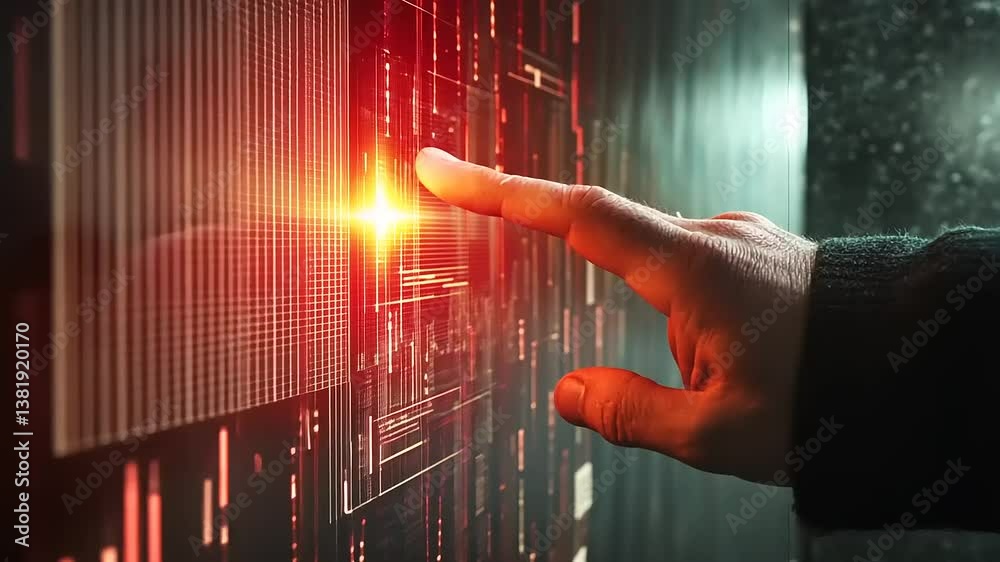 Hand Interacting With Glowing Red Futuristic Digital Interface With Abstract Data Lines and High Tech System Concept