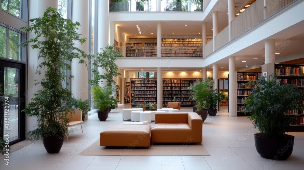 Bright interior library with multilevel design tall windows lush greenery and beige seating areas creating a serene inviting atmosphere Bright interior library with multilevel design tall windows lush greenery and beige seating areas creating a serene inviting atmosphere