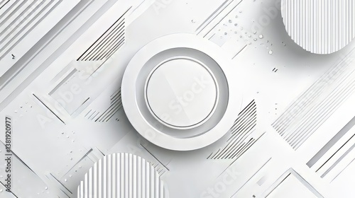 Monochrome geometric design with intersecting lines, shapes, and concentric circles in a clean aesthetic.