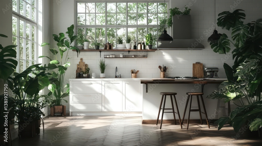 Bright kitchen interior with lush plants and natural light from large windows white cabinets wooden counter tops stools and a range hood creating a serene atmosphere