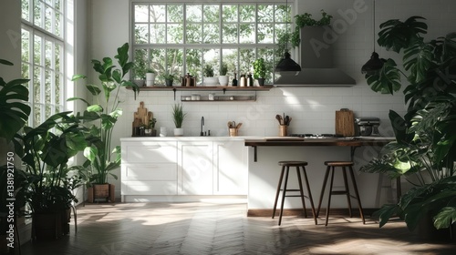 Obraz na płótnie Bright kitchen interior with lush plants and natural light from large windows white cabinets wooden counter tops stools and a range hood creating a serene atmosphere w salonie